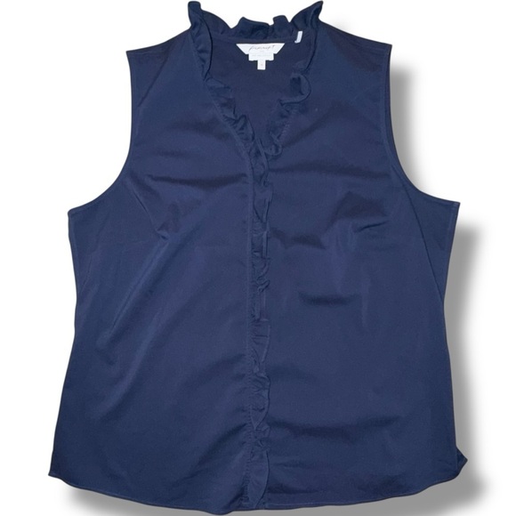 FOXCROFT Gwen Ruffle Non-Iron Stretch Button-Up Sleeveless Shirt Navy 18 - Picture 6 of 13